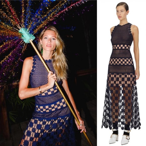 Self-Portrait Dresses & Skirts - NWT Self Portrait 3D Crochet Floral Lace Midi Dress 0 Navy Blue Spring 2021
